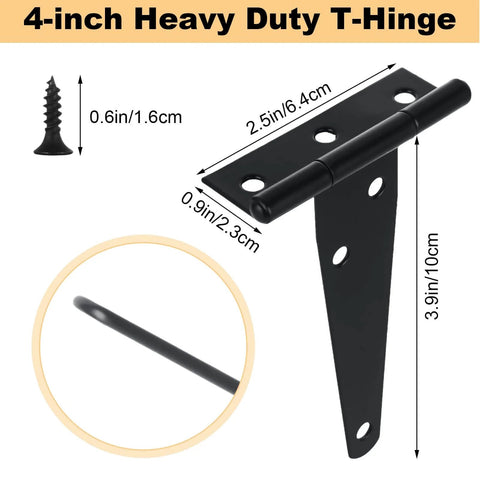 4-inch heavy duty T-hinge black powder coated iron with measurements, part of 14 Pack 4 Inch T Hinge Heavy Duty Shed Door Hinges Gate Strap