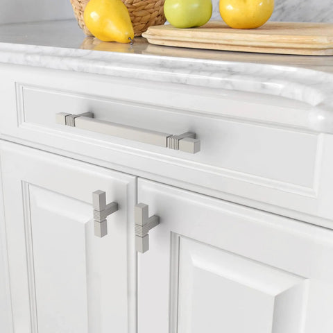 Brushed Satin Nickel Cabinet Knobs 10 Pack, 2 Inch Solid Zinc Alloy T Bar Cupboard Drawer Pulls on white kitchen cabinets