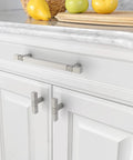 Close-up of installed 10 Pack 5 Inch Brushed Satin Nickel Cabinet Handles (128mm) for Kitchen Cabinets and Drawers