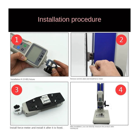 Installation procedure for Badass Digital Force Gauge Tensile Compression Test Bench, showcasing each step with tools.