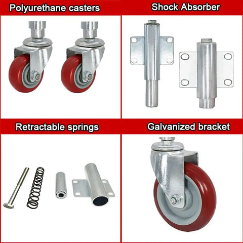 4 Inch Heavy Duty Gate Casters With Spring Shock Absorber Polyurethane Swivel Wheels Smooth Glide Action showing components like casters, springs, and bracket.