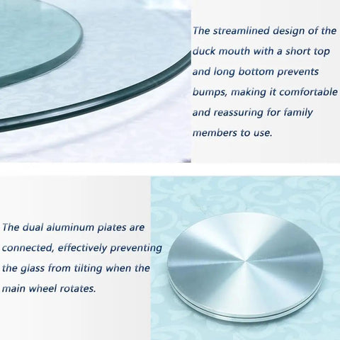 Close-up of Large Round Lazy Susan Turntable Glides Smooth As Butter Dual Plate Connection Heavy Duty Tempered Glass Serving Tray.
