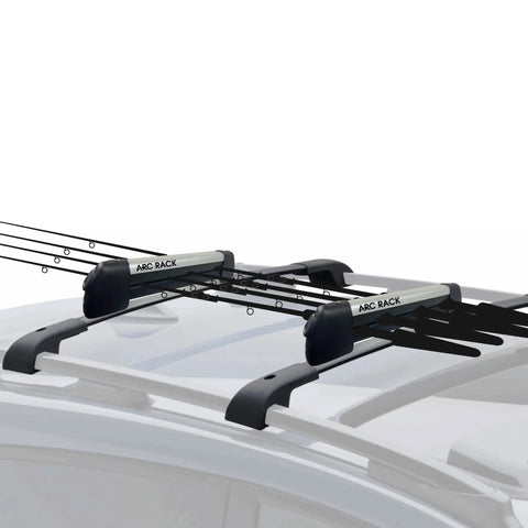 Premium Heavy Duty All Season Vehicle Roof Rack System Built For Fast Hauling And Rock Solid Hold On winter skis, fishing rods on vehicle roof.