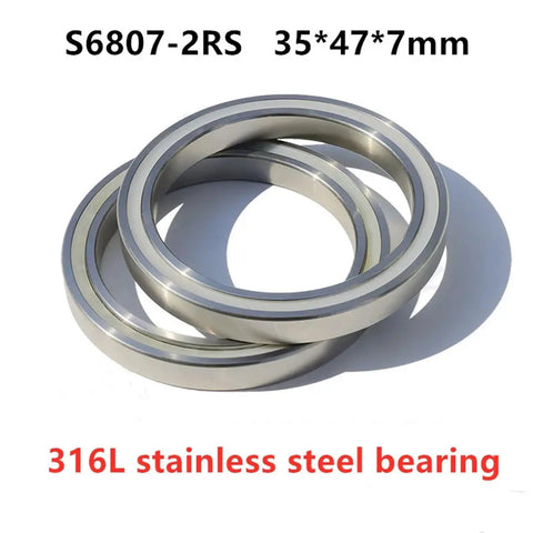 10 Pack 316L Stainless Steel Deep Groove Ball Bearings S6807-2RS 35Mm X 47Mm X 7Mm, two stainless steel bearings detail.