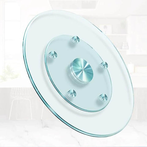 Heavy Duty Round Tempered Glass Lazy Susan With Swivel Assist Mechanism showing clear glass top and sturdy base for dining use.