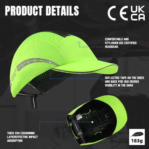 Lightweight Bump Cap With Breathable Baseball Cap Style For Work Hard Hat Alternative, lime green with ABS liner, side view
