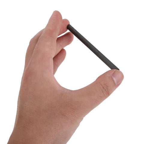 Hand holding graphite rod from All In One Electroplating Metal Electrodes Kit With Copper Anode Sheets Zinc Electrodes And Graphite Rod For Chemistry Electrolysis Experiments Stable Conductivity Lab Set For Physics Class And School Science Projects.