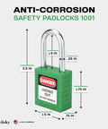Green Lockout Tagout Padlocks 2 Pack Keyed Different Safety Hasps With Boss Level Security Rock Solid Nylon And Stainless Steel Construction For Zero Hassle Job Site Energy Cutoffs with dimensions and labels.