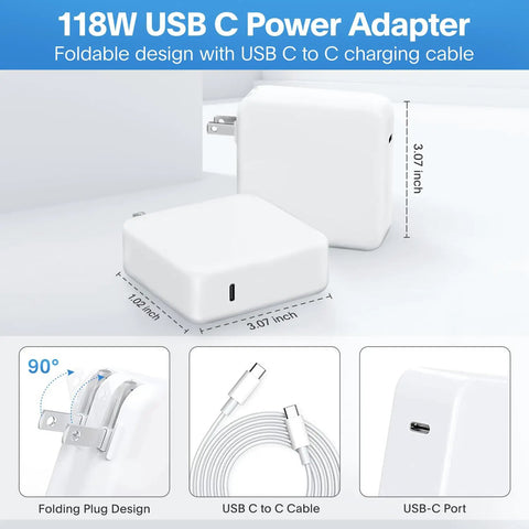 Hella Fast 118W USB C Fast Charger For MacBook Pro And Air with foldable plug and USB C to C charging cable.