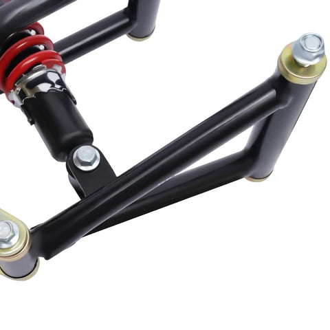 Close-up of front suspension shock swing arm kit for ATV quad go kart, featuring 220mm upper and lower steering knuckle spindle replacement.