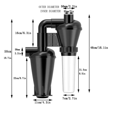 Pro Grade Dual Filtration Cyclone Dust Collector With Turbocharged Woodworking Filter, 50cm tall, heavy-duty black canister.