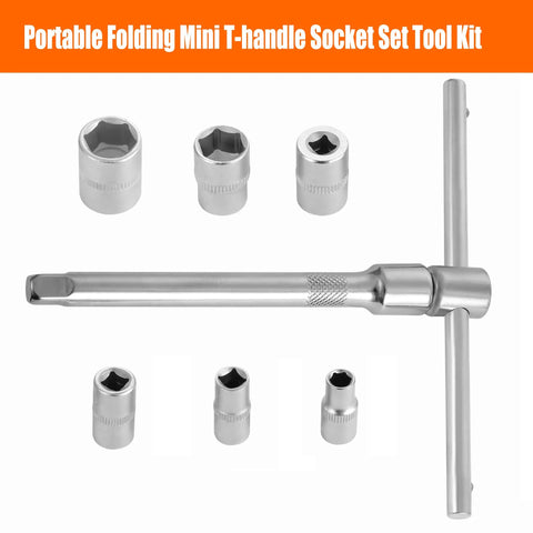Portable Folding Mini T-Handle Socket Set One Quarter Inch Drive Tool Kit with six sockets for Motorcycle ATV UTV repairs.