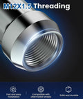 M12x1.5 threading detail of Built Tough 12x1.5 Chrome Lug Nuts With Six Spline Shape And Thirty Five Millimeter Height For Sixty Degree Conical Seats Includes Secure Twenty Piece Set Plus One Locking Key For Rollin Smooth Rides.