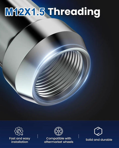 M12x1.5 threading detail of Built Tough 12x1.5 Chrome Lug Nuts With Six Spline Shape And Thirty Five Millimeter Height For Sixty Degree Conical Seats Includes Secure Twenty Piece Set Plus One Locking Key For Rollin Smooth Rides.