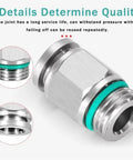 Dope Ten Pack Pneumatic Hose Fittings Kit In 304 Stainless Steel Quick Release Air Tube Connectors For M5 And One Eighth One Quarter Three Eighths One Half Inch Lines Killer PC12 G02 Pipe Fittings For Easy Hookups And Leak Free Performance, 304 stainless steel fitting close-up