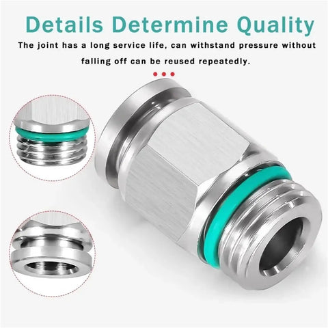 10-Piece Pneumatic Hose Fittings Kit In 304 Stainless Steel, Plug-And-Play Quick Release Air Tube Connectors M5 To 1/2 Inch, 1/8, 1/4, 3/8, 1/2 Sizes, PC6-G03, Built Tough For DIY Projects. 304 stainless quick-release fitting with O-rings