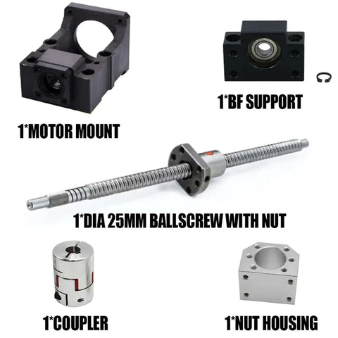 Sick SFU2510 25mm Ballscrew Kit With C7 Grade, Single Nut BF20 HM20 Coupler DSG25H Nema32 Support Brackets For CNC Milling And Router Builds Up To 1200mm Long Travel, with motor mount, BF support, coupler, and nut housing