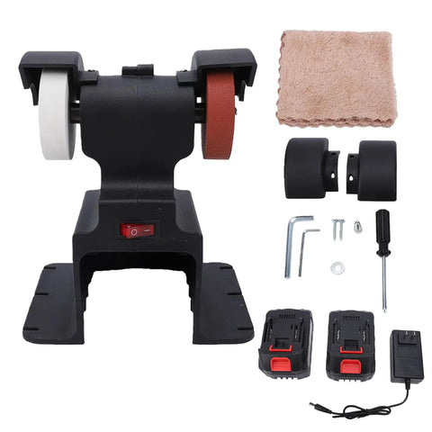 No Sweat Mini Bench Grinder Packing 250 Watts Of Raw Torque and quick 18 Volt battery swap with red and white wheels and accessories.