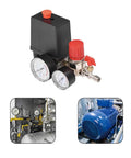 Heavy Duty Air Compressor Pressure Switch With Adjustable Regulator And Precision Gauge 2 Port G1/4 Thread For Tank Units 7.25 To 174 Psi Sweet Spot Pressure Range, dual gauges and red adjustment knob.