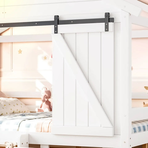 Kid Approved Full Size Floor Bed Frame With Sliding Barn Door And Built In Soft Glow Light Farmhouse House Shaped Sleeper close-up of white barn door.