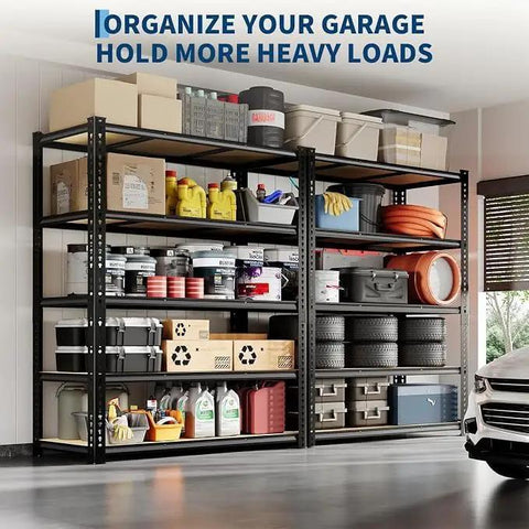 Heavy Duty Five Tier Metal Shelving Rack Featuring Reinforced Steel Frame And Durable Mdf Boards Holds Sixty Five Pounds Per Level Quick No Sweat Boltless Setup Built For Rugged Garage Storage filled with storage bins and garage items.