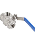 304 Stainless Steel Three Way Ball Valve One Half Inch Female Thread Badass Heavy Duty Industrial Fitting Built Like A Tank For Hella Durable Setup And Rock Solid Seal Guarantee, featuring a blue handle.