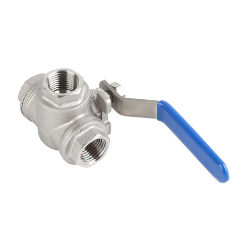 304 Stainless Steel Three Way Ball Valve One Half Inch Female Thread Badass Heavy Duty Industrial Fitting Built Like A Tank For Hella Durable Setup And Rock Solid Seal Guarantee, featuring a blue handle.
