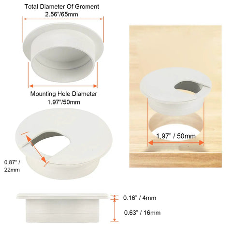 Straight Up Slick 2 Inch Desk Grommet Covers 20 Pack Plastic Cable Hole Protectors For Clean Wire Management And Tight Computer Table Setup With No Sweat Removal That Keeps Your Workspace Looking Fresh. White plastic grommet with measurements for cable management.