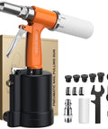Heavy Duty Pneumatic Rivet Gun Is A Powerhouse Beast With 3924Lbf Pull Force And Five Nosepieces For Snappy Auto Body Jobs And Hardcore Garage Work Up To Industrial Standards.