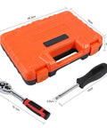 Heavy Duty 46 Piece Metric Socket Set With Heat Treated Steel And One Quarter Inch Drive In A Rugged Carry Case, including ratchet and screwdriver.