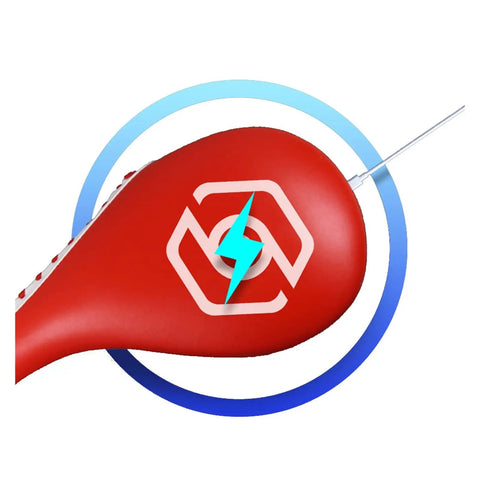 Heavy Hitter Boxing Kick Pad With Slick Smart Power Meter And App Connected Voice Broadcast For Taekwondo Kickboxing Training Durable Strike Target Red top view highlighting the logo and sensor area.