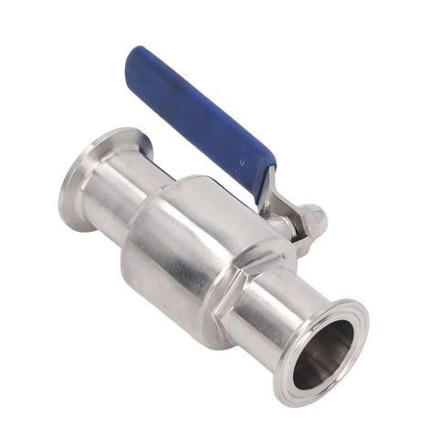 Quick Connect Clamp Ball Valve Featuring Slick Ferrule Design For Hassle Free Plumbing Setup And Rock Solid Fluid Control, stainless steel, blue lever.
