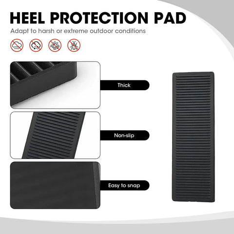 Image of a black heel protection pad showing thickness, non-slip design, and easy to snap features with text highlighting outdoor use benefits.