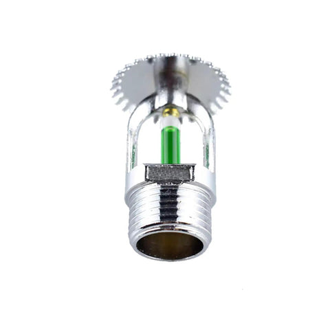 No Sweat Quick Response Upright Fire Sprinkler Head Half Inch DN15 Copper Chrome Plated viewed from the front with a green bulb.