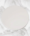 Solid Wood Lazy Susan Turntable Spinning Smooth As Butter Easy Rotate Serving Tray For Kitchen Counter Dining Table, round white surface on a patterned background.