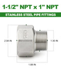 304 Stainless Steel Reducer Adapter Pipe Fitting 1 Inch NPT Male To 1-1/2 Inch NPT Female, dimensions indicated, side view.