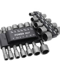Workhorse 9 Piece Socket Sleeve Set Featuring Hexagonal Wrench Adapters And Pneumatic Extension Rods showing various metal sockets with sizes.
