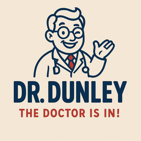 Cartoon image of Dr. Dunley, a friendly doctor in a white coat, announcing 'The Doctor is In!' with a welcoming gesture.