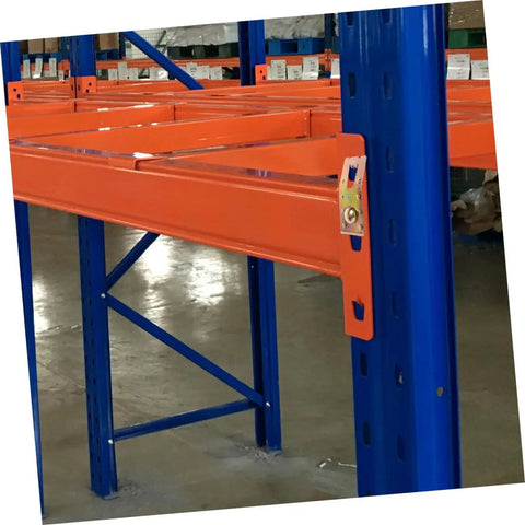 Close-up of teardrop pallet rack with orange beam and blue frame using 10 Pack Teardrop Pallet Rack Safety Clips, Badass Beam Lock Pins for Secure Shelving, Heavy Duty Rack Connectors Nailed Tight with Rock Solid Durability, Quick Install Warehouse Safety Gear for DIY and Storage Pros.