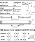 Diagram of grating ruler with TTL signal output, featuring interface type DB9, 5V voltage, 5um,1um resolution, Two Axis Digital Readout Screen For Milling Machines And Lathes High Precision DRO Display With 5 Micron Resolution Glass Metrology Scale AC Power 80 To 250V Fast Data Processing Ideal For Bridgeport Knee Mills And Other Toolroom Mills