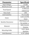 Specifications table for Two Piece Heavy Duty 12 Volt Linear Actuators With 225 Pound Push Pull Capacity detailed parameters.