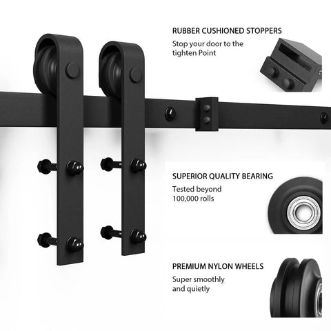 Close-up view of 6.8 Foot Sliding Barn Door Hardware Kit with durable alloy track, rubber stoppers, and premium nylon wheels.
