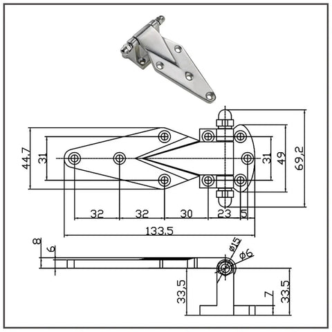 Heavy Duty Stainless Steel Door Hinge For Freezer Refrigerator And Commercial Ovens Featuring Secure Gate Locks dimensions diagram.