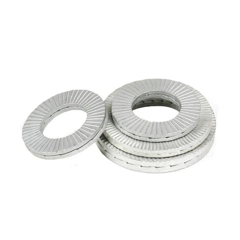 Real Deal Genuine Wedge Lock Washers M8 M10 M12 M16 M20 Size stacked shiny metallic washers for securing fasteners.