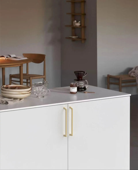 10 Pack Premium Brushed Gold Kitchen Cabinet Handles 7.5 Inch Center To Center Zinc Alloy Pulls on white cabinet doors.