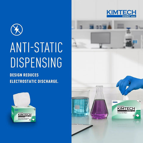 Kimtech Science Kimwipes Delicate Task Wipes pop-up box, white, 286 sheets; laboratory scene with blue-gloved hand