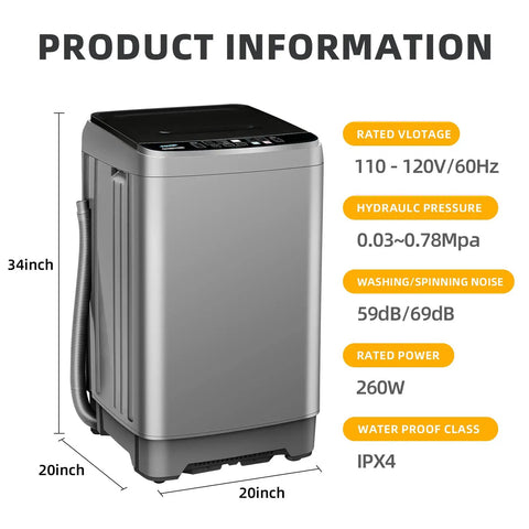 Super Compact Portable Washing Machine Grey Fully Automatic Top Load Washer showing product dimensions and features.