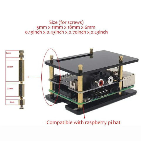 Universal Acrylic Raspberry Pi Case Kit For Pi 5, Pi 4 Model B, Pi 3 B Plus, with installed hat protection and screw dimensions.