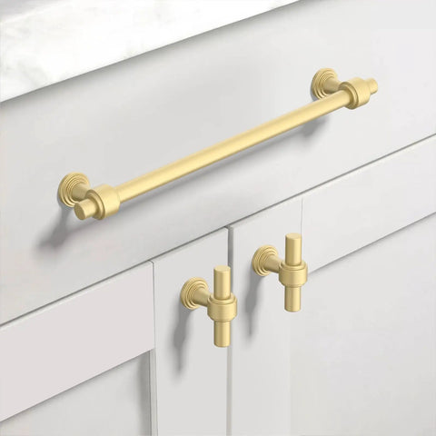 10 Pack 10 Inch Brushed Gold Cabinet Handles Built like a Truck Heavy Duty Bar Pulls for Kitchen Drawers Cupboards Dressers on white cabinets.
