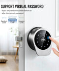 Hella Secure Smart Entry Door Lock Featuring Slick Fingerprint Reader displays keypad for virtual passwords on a white door.